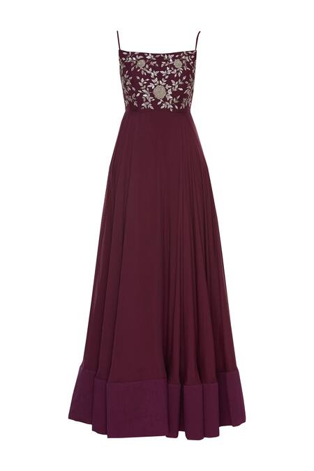 Shop_Mani Bhatia_Maroon Dupion Silk, Cotton Silk, Georgette Printed Anarkali With Ruffle Jacket _Online_at_Aza_Fashions