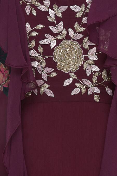 Mani Bhatia_Maroon Dupion Silk, Cotton Silk, Georgette Printed Anarkali With Ruffle Jacket _at_Aza_Fashions
