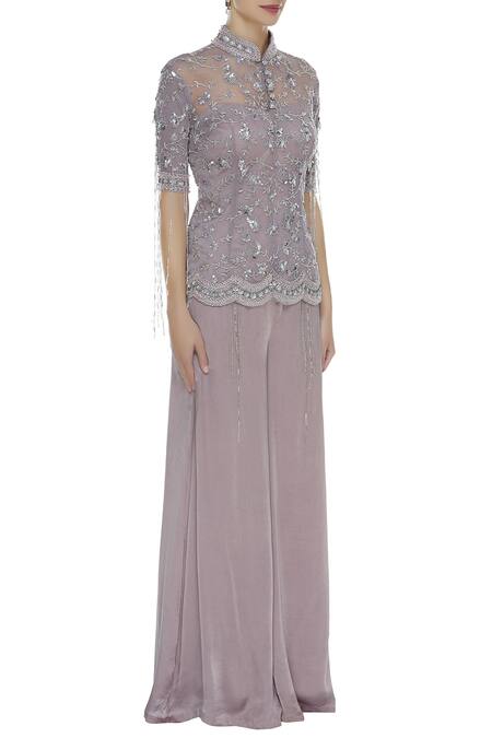 Mani Bhatia_Purple Satin And Soft Net Embroidered Cutdana Mandarin Fringe Jacket With Pants _Online_at_Aza_Fashions