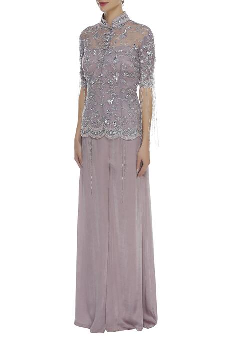 Buy_Mani Bhatia_Purple Satin And Soft Net Embroidered Cutdana Mandarin Fringe Jacket With Pants _Online_at_Aza_Fashions