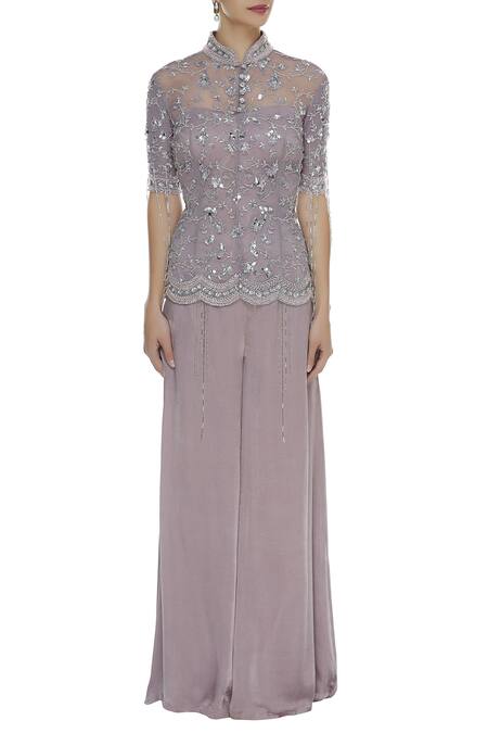 Shop_Mani Bhatia_Purple Satin And Soft Net Embroidered Cutdana Mandarin Fringe Jacket With Pants _Online_at_Aza_Fashions