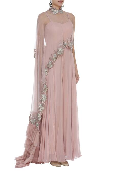 Mani Bhatia Pink Jumpsuit Sweetheart Cape High Neck With Asymmetric Embroidered Online at Aza Fashions Mani Bhatia_Pink Jumpsuit Sweetheart Cape High Neck With Asymmetric Embroidered _Online_at_Aza_Fashions