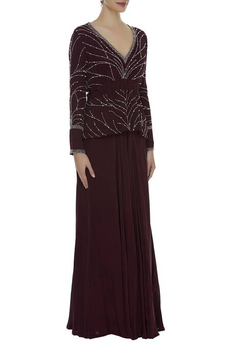 Mani Bhatia_Maroon Crepe Embroidered Sequin Leaf Neck Peplum Top With Draped Skirt _Online_at_Aza_Fashions
