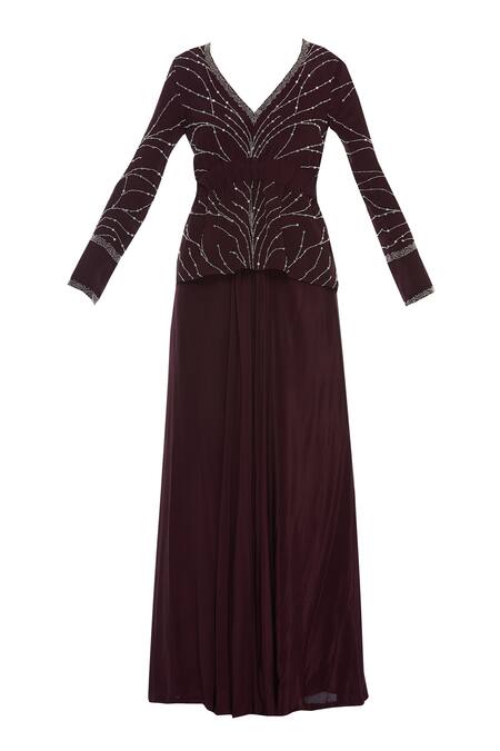 Buy_Mani Bhatia_Maroon Crepe Embroidered Sequin Leaf Neck Peplum Top With Draped Skirt _Online_at_Aza_Fashions
