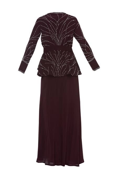 Shop_Mani Bhatia_Maroon Crepe Embroidered Sequin Leaf Neck Peplum Top With Draped Skirt _Online_at_Aza_Fashions