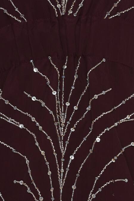 Mani Bhatia_Maroon Crepe Embroidered Sequin Leaf Neck Peplum Top With Draped Skirt _at_Aza_Fashions