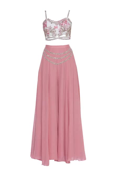 Shop_Mani Bhatia_Pink Crepe Embroidered Cutdana Rose Print Crop Top With Palazzo Pants And Cape _Online_at_Aza_Fashions