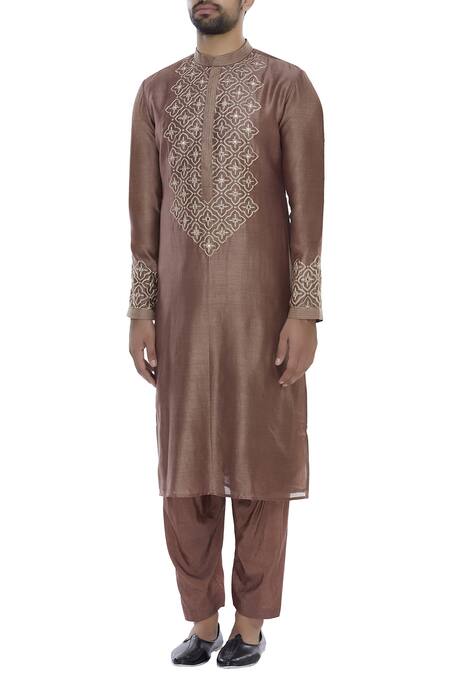 Buy_Rar Studio_Brown Aari Embroidered Mirror Work Kurta Set_Online_at_Aza_Fashions