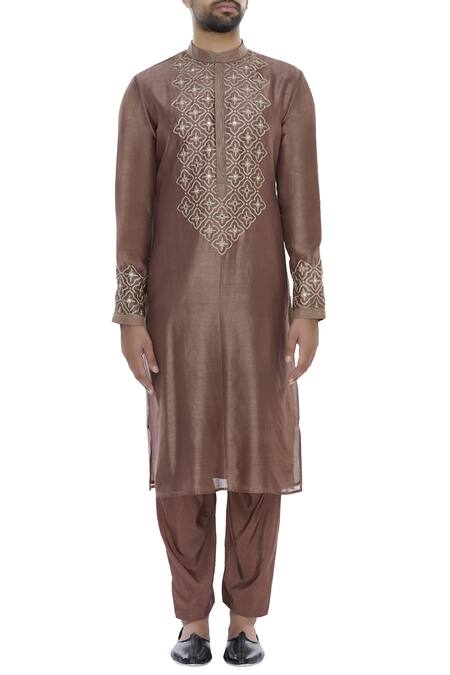 Shop_Rar Studio_Brown Aari Embroidered Mirror Work Kurta Set_Online_at_Aza_Fashions