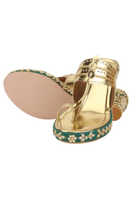 Shop_Aprajita Toor_Gold Embroidered Floral Wedges _at_Aza_Fashions
