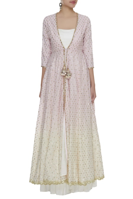 Buy_Priyanka Jain_White Embroidered Anarkali Dress With Jacket _Online_at_Aza_Fashions