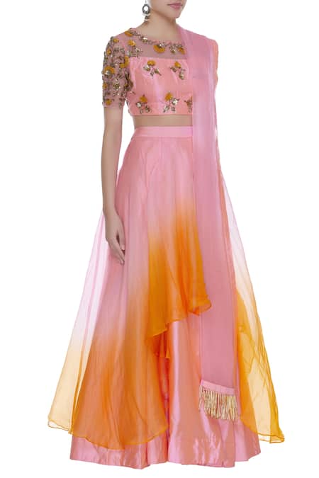Priyanka Jain_Yellow Silk Andorganza Sequin, Bead Round & Embroidered Crop Top Lehenga Set _Online_at_Aza_Fashions