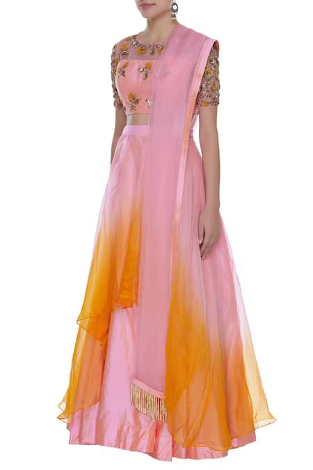 Buy_Priyanka Jain_Yellow Silk Andorganza Sequin, Bead Round & Embroidered Crop Top Lehenga Set _Online_at_Aza_Fashions