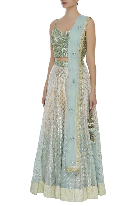 Priyanka Jain_Blue Net And Chanderi Sweetheart Sequin Embroidered Lehenga Set _Online_at_Aza_Fashions