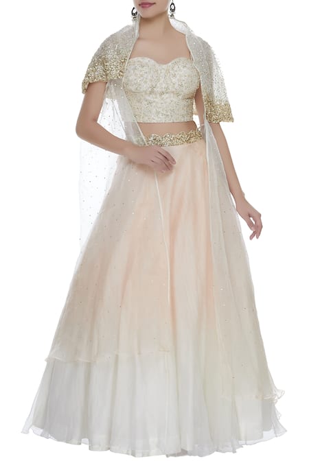 Priyanka Jain Peach Sequins Embroidered Lehenga Set With Cape