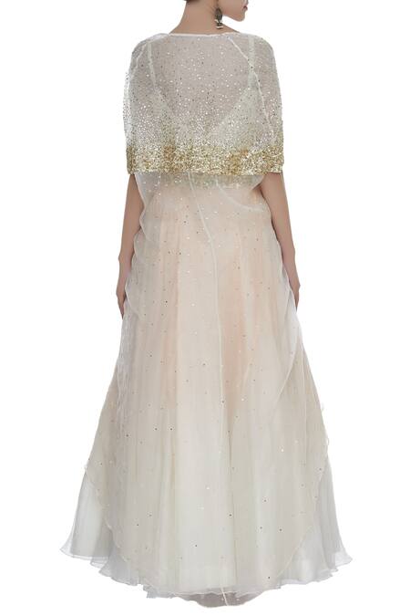 Shop Priyanka Jain Peach Sequins Embroidered Lehenga Set With Cape at Aza Fashions Shop_Priyanka Jain_Peach Sequins Embroidered Lehenga Set With Cape_at_Aza_Fashions