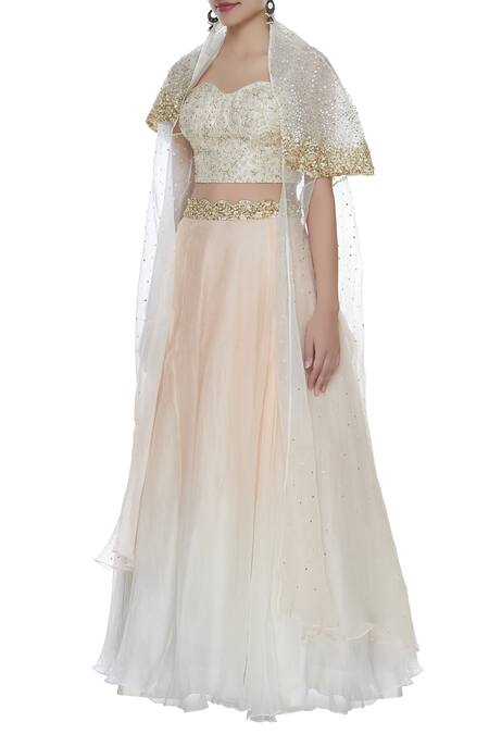 Priyanka Jain Peach Sequins Embroidered Lehenga Set With Cape Online at Aza Fashions Priyanka Jain_Peach Sequins Embroidered Lehenga Set With Cape_Online_at_Aza_Fashions