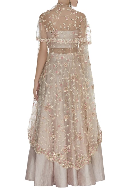 Priyanka Jain Floral Embroidered Cape with Crop Top & Skirt 