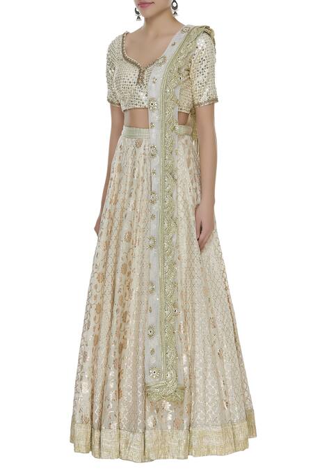 Priyanka Jain_Ivory Chanderi And Mirror Embroidered Lehenga Set _Online_at_Aza_Fashions