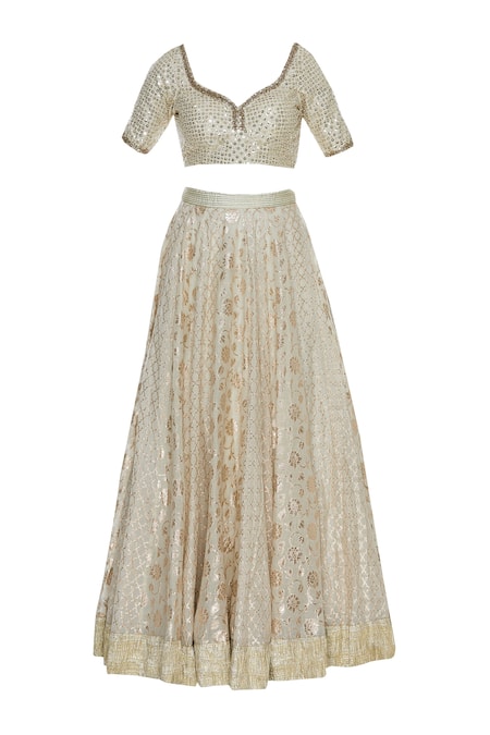 Buy_Priyanka Jain_Ivory Chanderi And Mirror Embroidered Lehenga Set _Online_at_Aza_Fashions