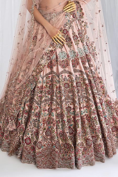 Dolly J_Pink Silk, Chiffon Sequins Primrose Raw Embroidered Bridal Lehenga Set _Online_at_Aza_Fashions