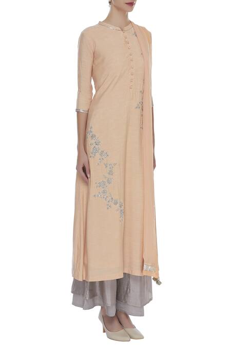 Manasi Sengupta_Peach Silk Chanderi Embroidered Round Kurta Palazzo Set  _Online_at_Aza_Fashions