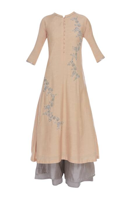 Buy_Manasi Sengupta_Peach Silk Chanderi Embroidered Round Kurta Palazzo Set  _Online_at_Aza_Fashions