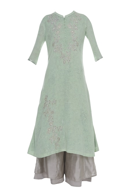 Buy_Manasi Sengupta_Green Silk Chanderi Embroidered Gota Kurta Palazzo Set With Dupatta  _Online_at_Aza_Fashions