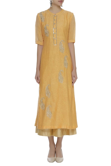 Shop_Manasi Sengupta_Yellow Silk Chanderi Embroidered Sequin Kurta With Palazzo Pants  _Online_at_Aza_Fashions