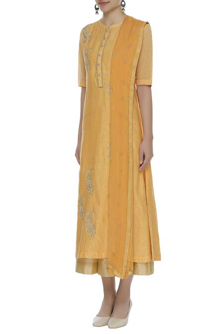 Buy_Manasi Sengupta_Yellow Silk Chanderi Embroidered Sequin Kurta With Palazzo Pants  _Online_at_Aza_Fashions