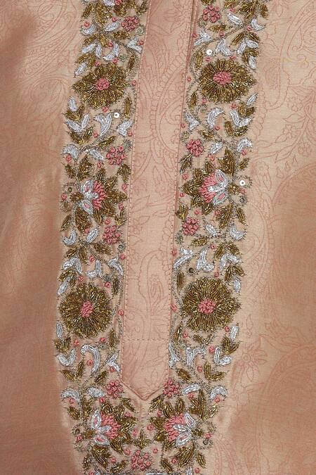 Manasi Sengupta_Peach Silk Chanderi Embroidered Mandarin Collar Floral Kurta Lehenga Set _at_Aza_Fashions