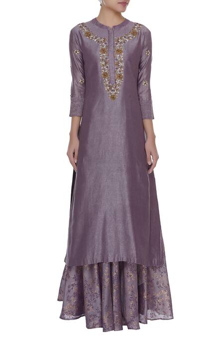 Shop_Manasi Sengupta_Purple Silk Chanderi Embroidered Mandarin Kurta With Lehenga And Dupatta  _Online_at_Aza_Fashions