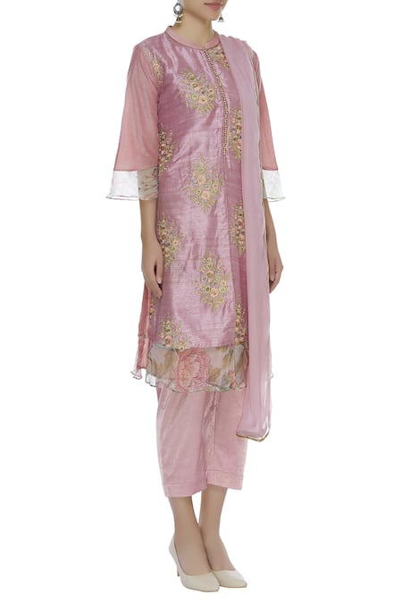 Manasi Sengupta_Pink Raw Silk Printed Mandarin Front Slit Embroidered Short Kurta Set  _Online_at_Aza_Fashions