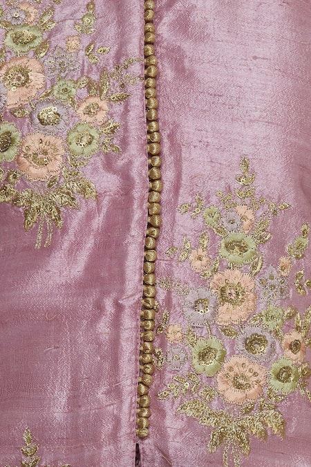Manasi Sengupta_Pink Raw Silk Printed Mandarin Front Slit Embroidered Short Kurta Set  _at_Aza_Fashions