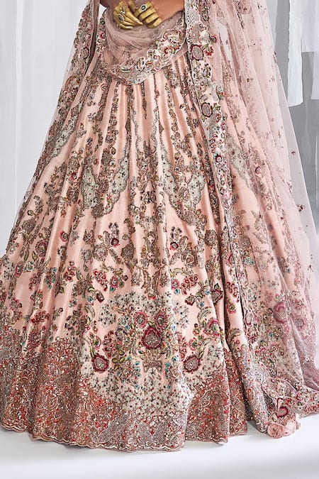 Dolly J_Pink Silk, Net Sequins, Zari, Embroidery Asymmetric Lillian Bridal Lehenga Set _Online_at_Aza_Fashions