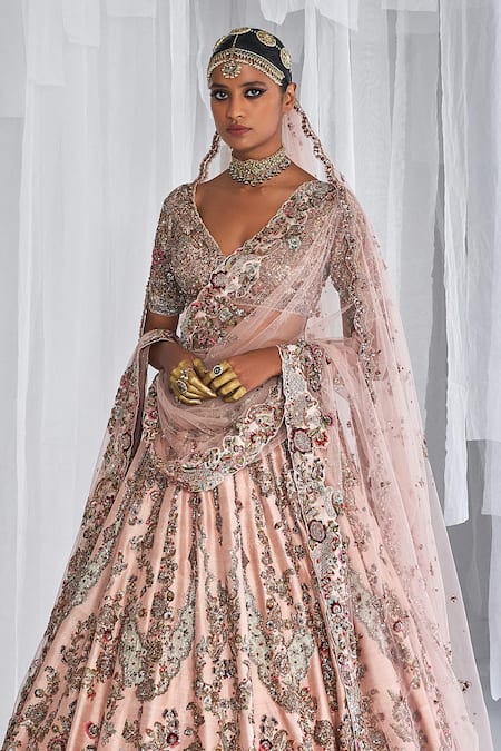 Buy_Dolly J_Pink Silk, Net Sequins, Zari, Embroidery Asymmetric Lillian Bridal Lehenga Set _Online_at_Aza_Fashions