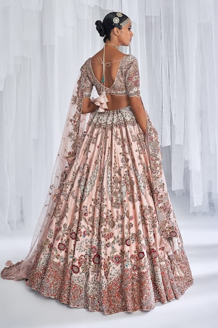 Shop_Dolly J_Pink Silk, Net Sequins, Zari, Embroidery Asymmetric Lillian Bridal Lehenga Set _Online_at_Aza_Fashions