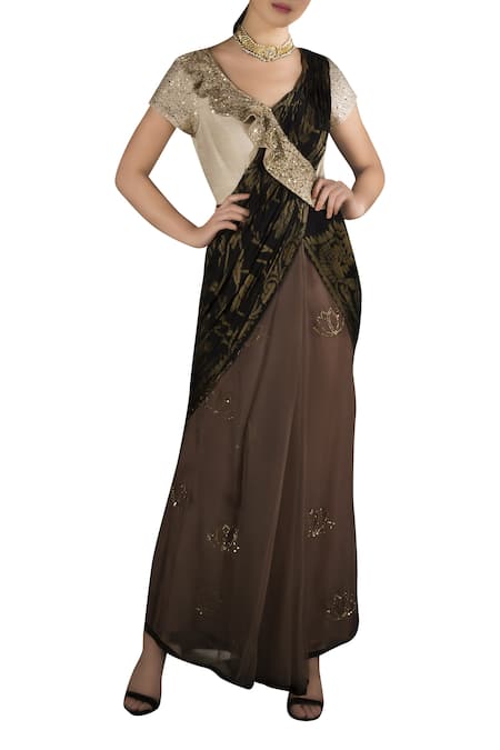 Buy_Neha & Tarun_Beige Organza, Georgette, Monga Embroidered Draped Saree With Brocade Work Pallu _Online_at_Aza_Fashions