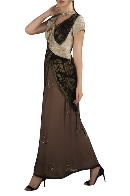 Neha & Tarun_Beige Organza, Georgette, Monga Embroidered Draped Saree With Brocade Work Pallu _Online_at_Aza_Fashions