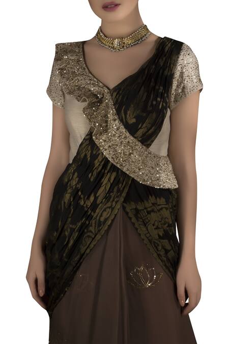 Shop_Neha & Tarun_Beige Organza, Georgette, Monga Embroidered Draped Saree With Brocade Work Pallu _Online_at_Aza_Fashions