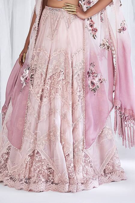 Dolly J_Pink Sweetheart Neck Floral Embroidered Cape Lehenga Set _at_Aza_Fashions