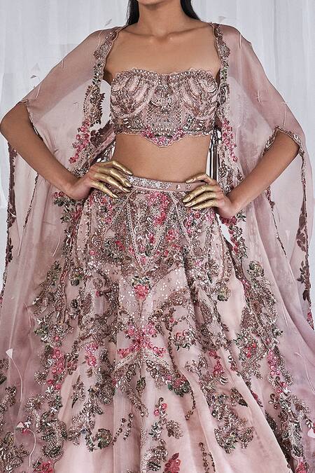 Buy_Dolly J_Pink Organza, Lace Sequins, Rosalie Cape Zardozi And Embroidered Lehenga Set _Online_at_Aza_Fashions