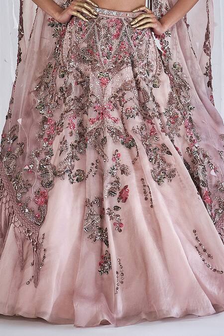 Dolly J_Pink Organza, Lace Sequins, Rosalie Cape Zardozi And Embroidered Lehenga Set _Online_at_Aza_Fashions