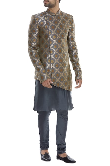 Manish Nagdeo Grey Mandarin Collared Sherwani With Kurta And Pyjama