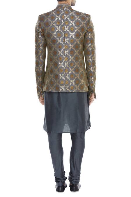 Shop Manish Nagdeo Grey Mandarin Collared Sherwani With Kurta And Pyjama at Aza Fashions Shop_Manish Nagdeo_Grey Mandarin Collared Sherwani With Kurta And Pyjama_at_Aza_Fashions
