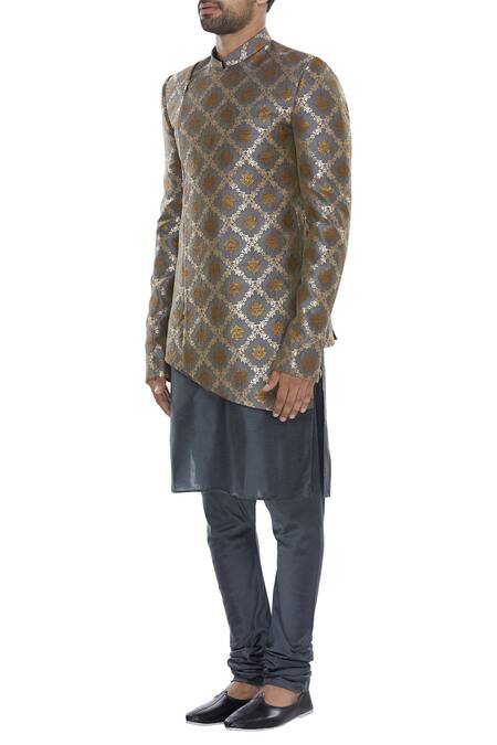 Manish Nagdeo Grey Mandarin Collared Sherwani With Kurta And Pyjama Online at Aza Fashions Manish Nagdeo_Grey Mandarin Collared Sherwani With Kurta And Pyjama_Online_at_Aza_Fashions