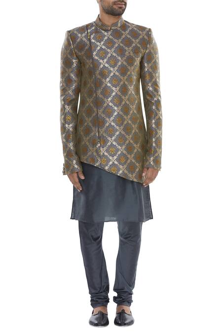 Buy Manish Nagdeo Grey Mandarin Collared Sherwani With Kurta And Pyjama Online at Aza Fashions Buy_Manish Nagdeo_Grey Mandarin Collared Sherwani With Kurta And Pyjama_Online_at_Aza_Fashions