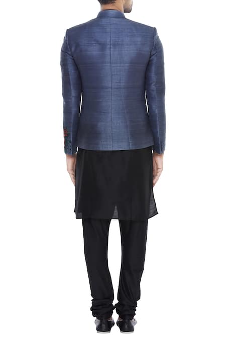 Shop_Manish Nagdeo_Black Silk Floral Motifs Block Printed Bandhgala With Kurta And Pyjama _at_Aza_Fashions