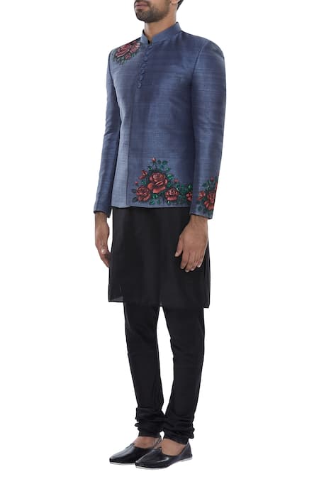 Manish Nagdeo_Black Silk Floral Motifs Block Printed Bandhgala With Kurta And Pyjama _Online_at_Aza_Fashions