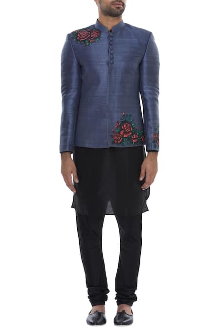 Buy_Manish Nagdeo_Black Silk Floral Motifs Block Printed Bandhgala With Kurta And Pyjama _Online_at_Aza_Fashions